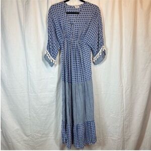 Boutique AMT boho geometric print tassel empire waist maxi dress v neck flowy